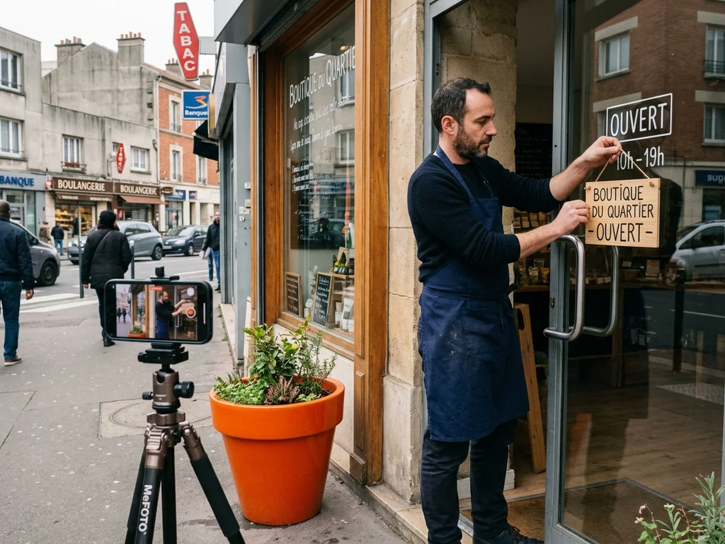 Commerçant de Bobigny ajustant sa vitrine pour optimiser sa visibilité sur les recherches locales Google.