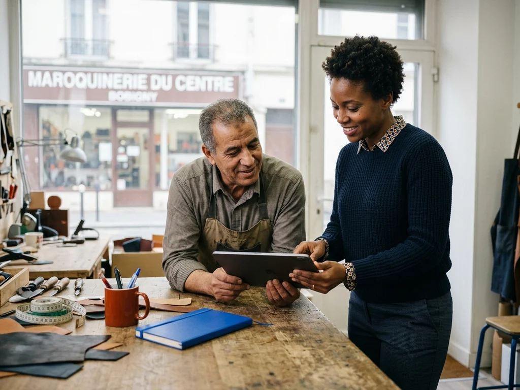 Consultant SEO présentant un audit de visibilité à un commerçant de Bobigny lors d'un échange.