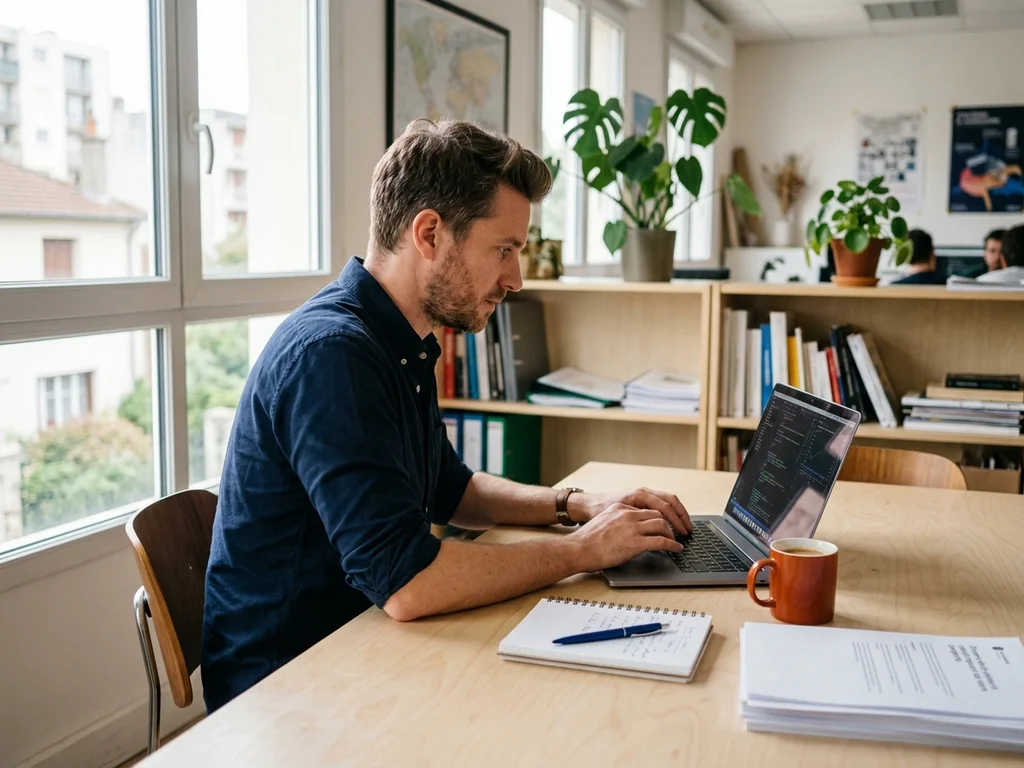 Julien Martin, consultant SEO à Bobigny, élabore une stratégie de visibilité dans son bureau.