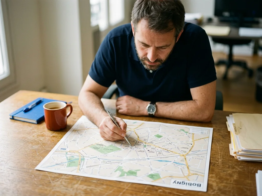 Consultant SEO analysant une carte de Bobigny pour répondre aux besoins de référencement local.