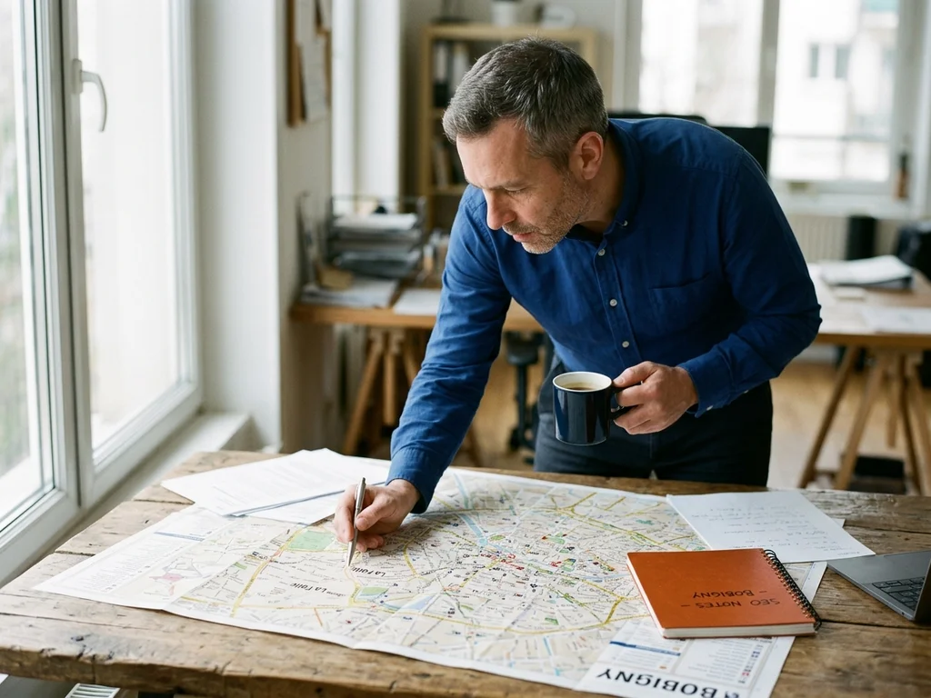Un consultant analyse une carte de Bobigny pour expliquer la tarification SEO locale.