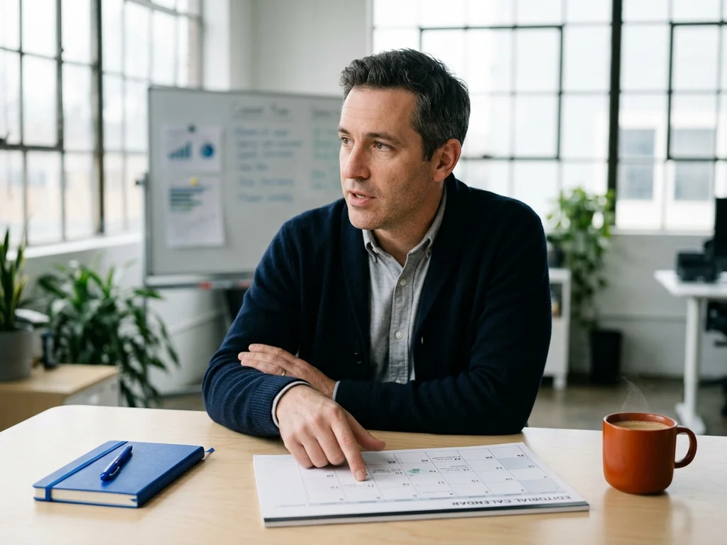 Un consultant en stratégie SEO échange autour d'un calendrier éditorial dans nos bureaux à Bobigny.
