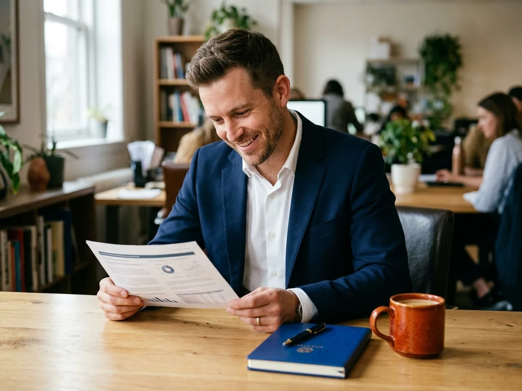 Entrepreneur de Bobigny satisfait de sa stratégie SEO locale dans son bureau professionnel.