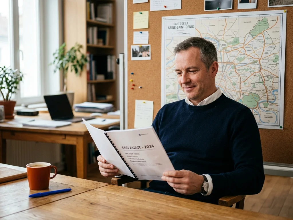 Entrepreneur de Bobigny satisfait de ses résultats SEO devant une carte de la Seine-Saint-Denis.